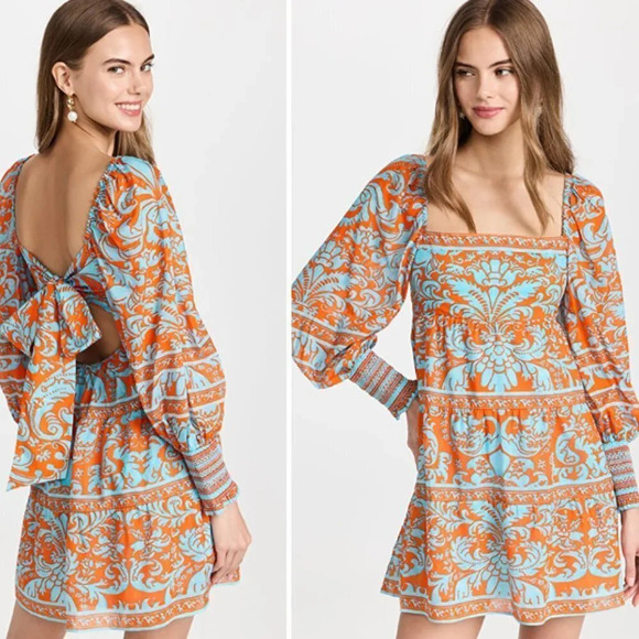 Alice + Olivia Rowen Tiered Long-Sleeve Tie Back Babydoll Dress Orange Blue NWT - Picture 1 of 7